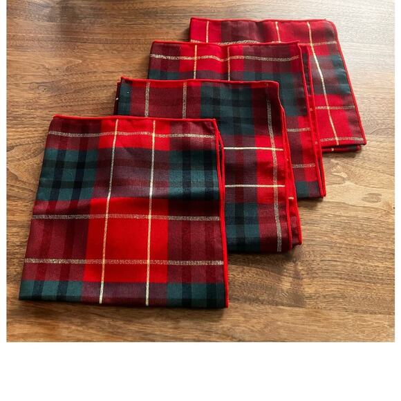 Christmas Napkins Set of (4) Red Green Gold Plaid 16" Square Linen Feel Holiday - Picture 1 of 4
